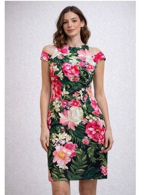 Tadashi Shoji Pink and Green Floral Dress